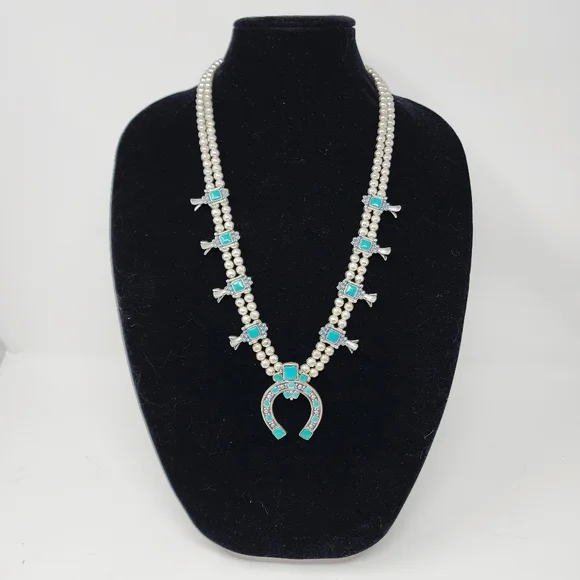 Vintage Sancrest Southwestern Squash Blossom Necklace – Turquoise & Silver Tone - Picture 1 of 16